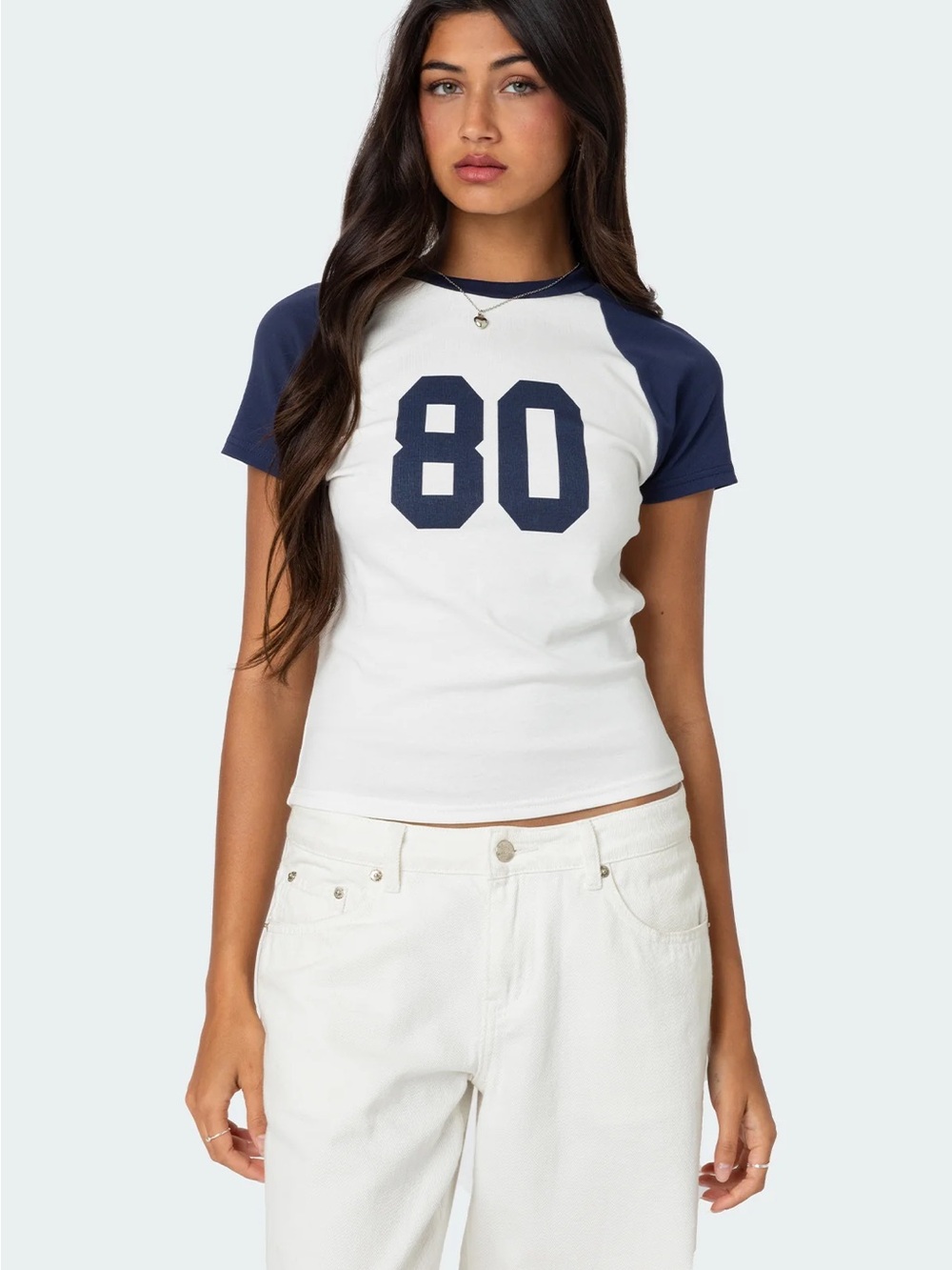 Edikted Navy and White '80' Raglan Short Sleeve Tee